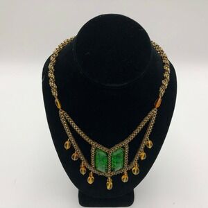 Vintage Plastic Bead Necklace Cluster Handmade Green Amber 18" Unmarked